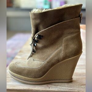 Veronica Beard Elfred Lace-up Shearling Wedge Suede Ankle Boots